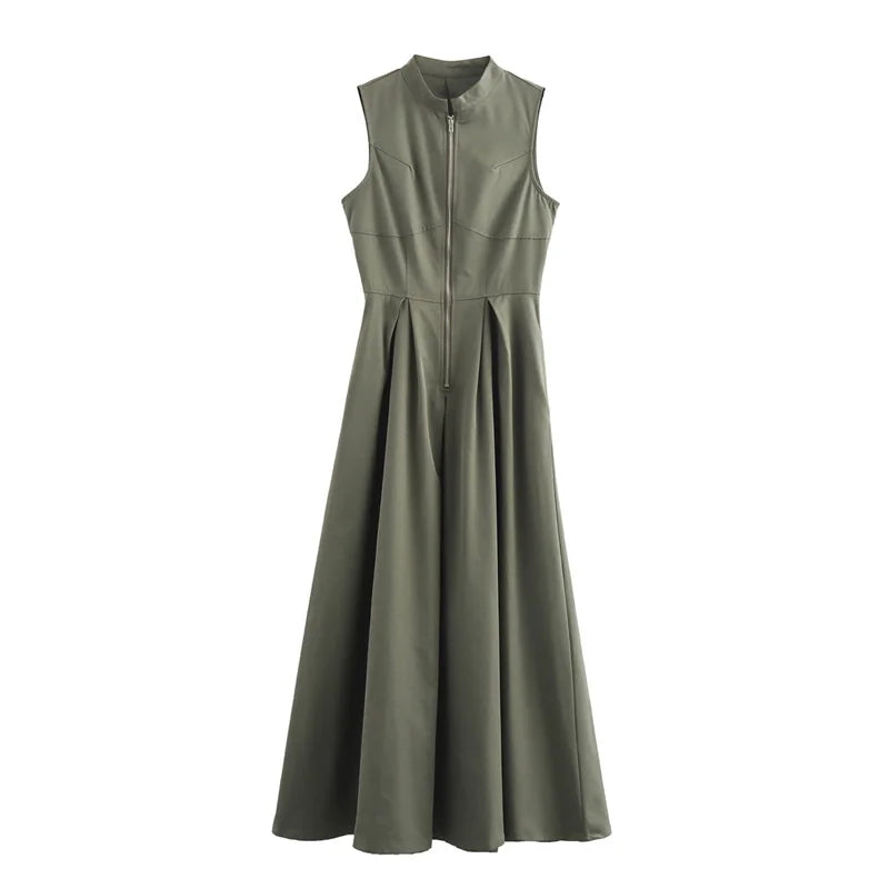 TRAF Zipper Long Dress Woman Pleated Sleeveless