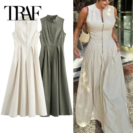 TRAF Zipper Long Dress Woman Pleated Sleeveless