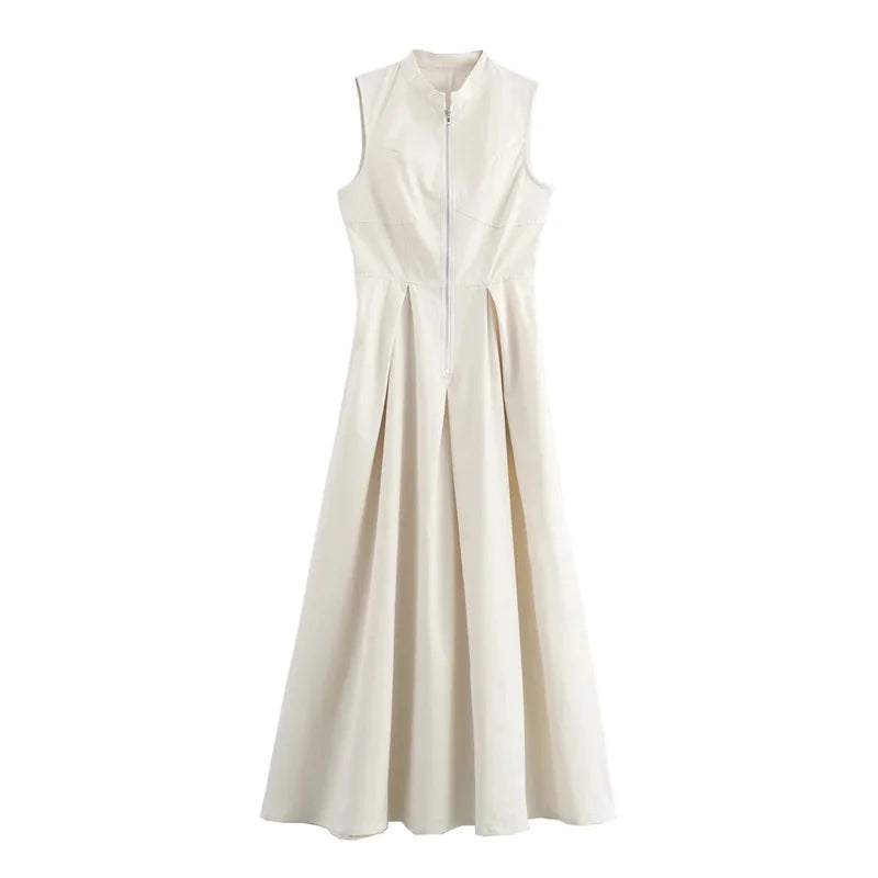 TRAF Zipper Long Dress Woman Pleated Sleeveless