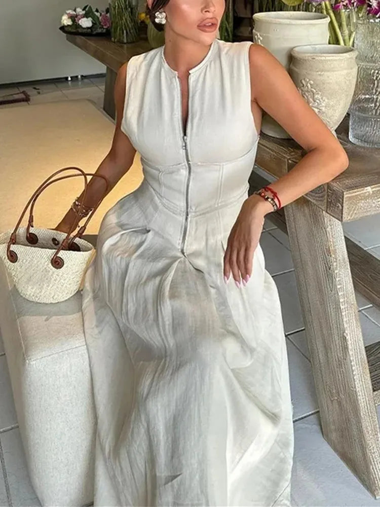 TRAF Zipper Long Dress Woman Pleated Sleeveless