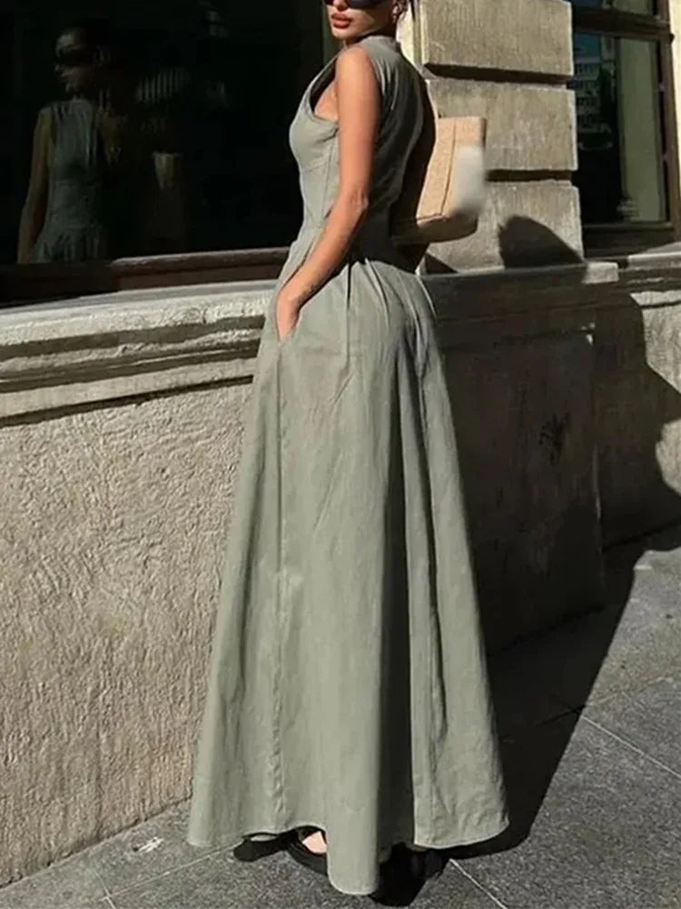 TRAF Zipper Long Dress Woman Pleated Sleeveless